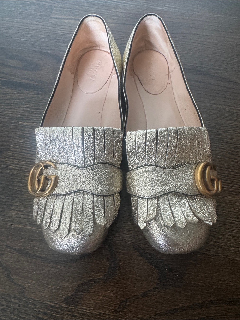 Gucci Marmont Metallic Gold Leather Fringe Ballet Flats GG Logo Size 37 - Picture 7 of 9